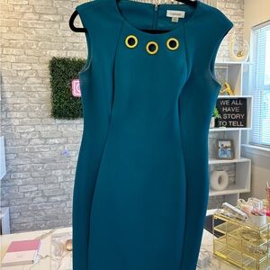 Calvin Klein Blue Sheath Dress with Gold Embellishments
